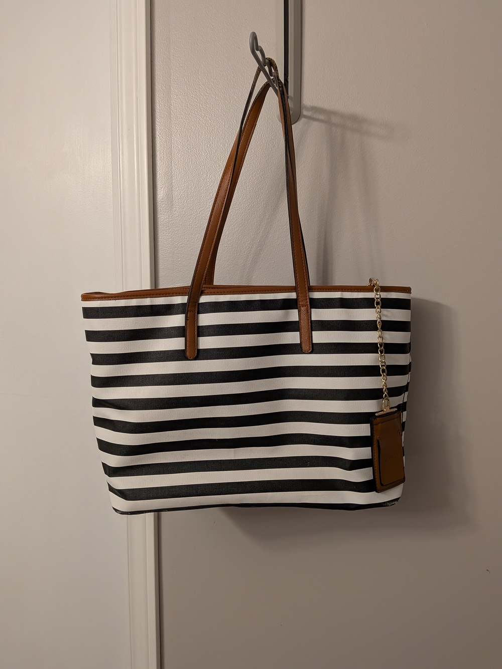 Striped Black & White Tote Bag with Brown Trim